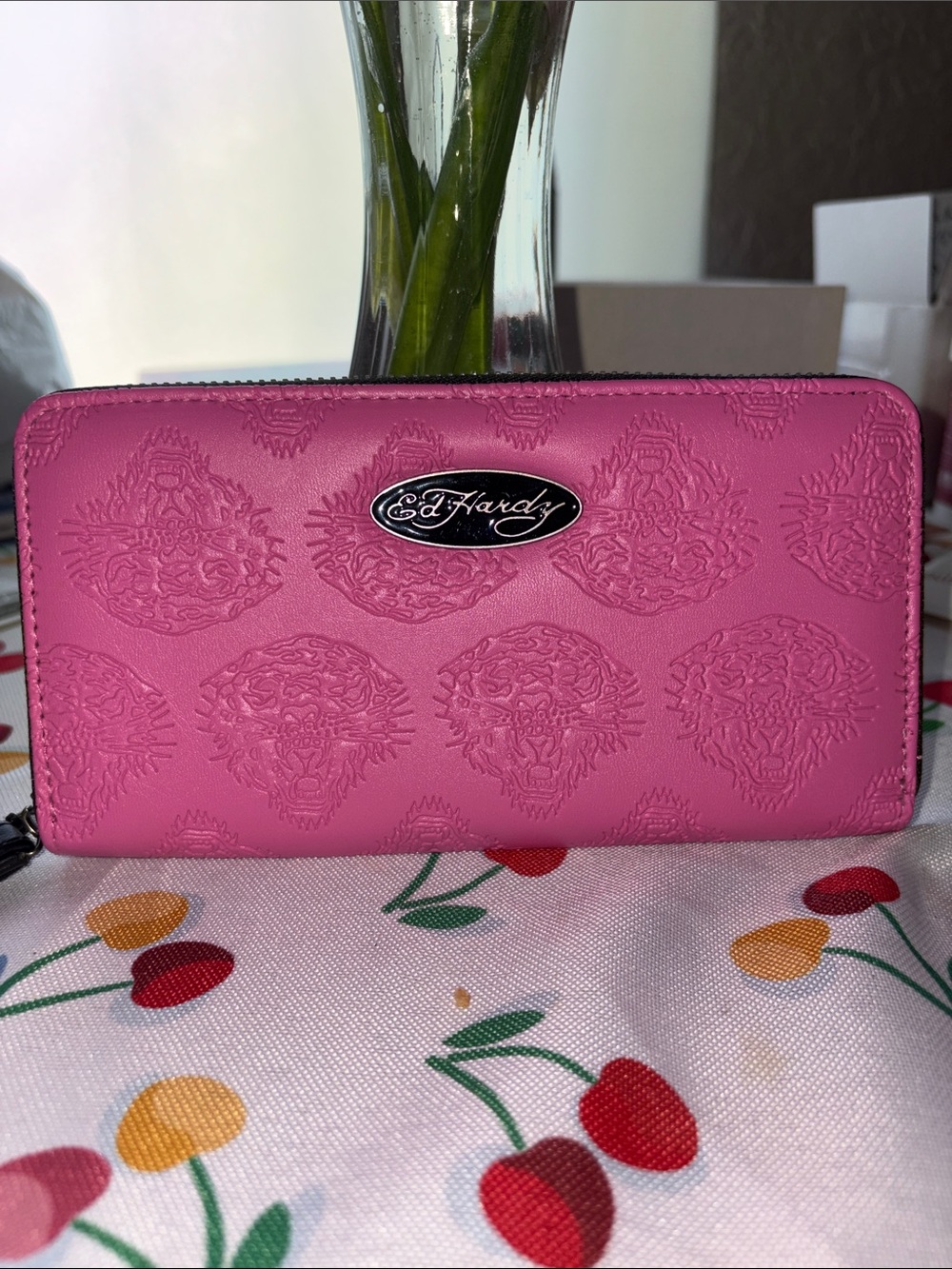 Ed Hardy Pink Tiger Embossed Zip Wallet with Logo Plaque